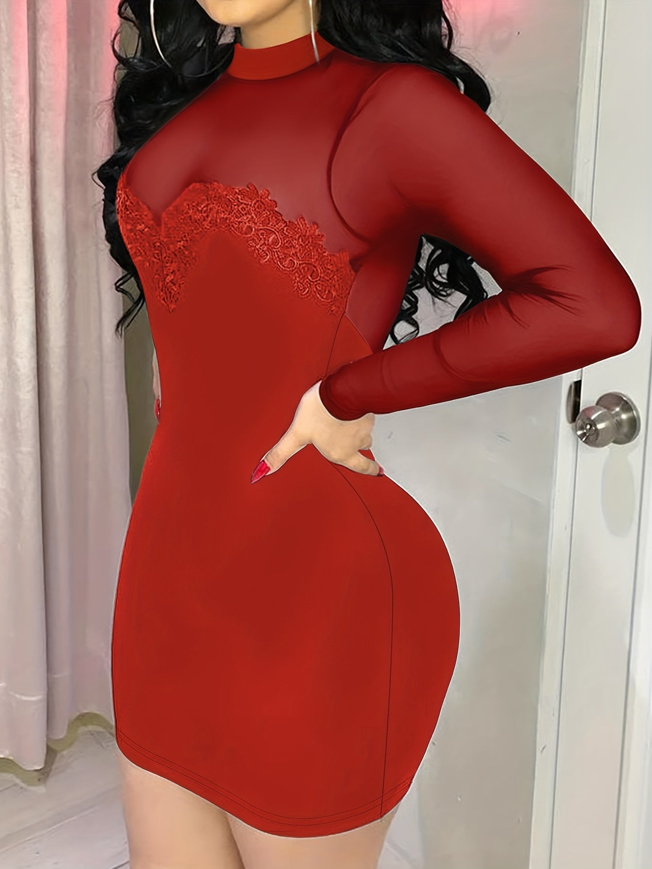 Sultry Bodycon Mesh Dress - Women's Sexy Party Dresses with Long Sleeves, Mock Neck, and Splicing Details - Perfect for Club Nights and Special Occasions